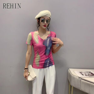 REHIN Womens top Fashion mesh pink swoosh print short-sleeved T-shirt V-neck slim and thin elegant blouse