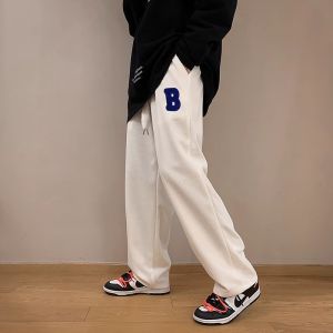b Pants Mens Straight Casual Pants Summer Twill Wide Leg Jogging Pants White Stretch Sports Pants