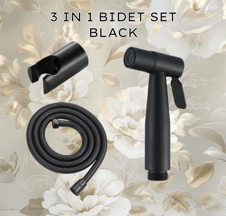 3 in 1 Black Bidet Spray Set with Holder & 1.5m Hose & Handheld Water ...