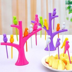 (BD6P) Set Garpu Buah Fork Dessert Sayuran Snack Dessert Bentuk Pohon + Burung Bahan Plastik