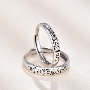Six Word Mantras Amulet Silver color Rings for Men&women Couples Ring Lotus Sanskrit Buddhist Mantra Jewelry Ring