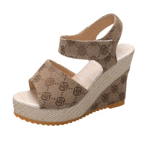 [Free Shipping] Plus Size Embroidered Wedge Heel Peep-Toe Sandals for Women High Heel Velcro Open-Toe Roman Shoes