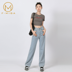 F·MIGA C151 Highwaist Korean Straight Bagy Harlan Jeans Celana Panjang Denim Wanita - Biru Retro