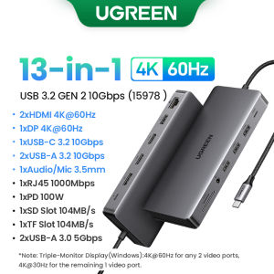 UGREEN 13-in-1 USB C HUB USB 3.2 GEN2 10Gps HDMI 4K60HZ DP 4K60HZ Multi-port Multi-function Docking Station for MacBook Pro Air M3 M4 M2 M1 iPad pro 2018