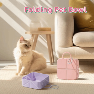OUTOPEN Anti Slip Folding Pet Bowl Food Grade with Carabiner Portable Dog Feeder BPA Free Square Silicone Dog Dish Water