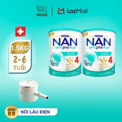 [CHỈ 20-24.08 QT ĐƠN 599K/999K/1299K] [Tặng Nồi lẩu điện Gaabor] Bộ 2 lon Sữa Bột Nestlé NAN OPTIPRO PLUS 4 1500g Cho Bé 2 - 6 Tuổi: Công Thức Độc Quyền Nhập Khẩu Từ Thụy Sỹ Chứa Phức Hợp 5-HMO