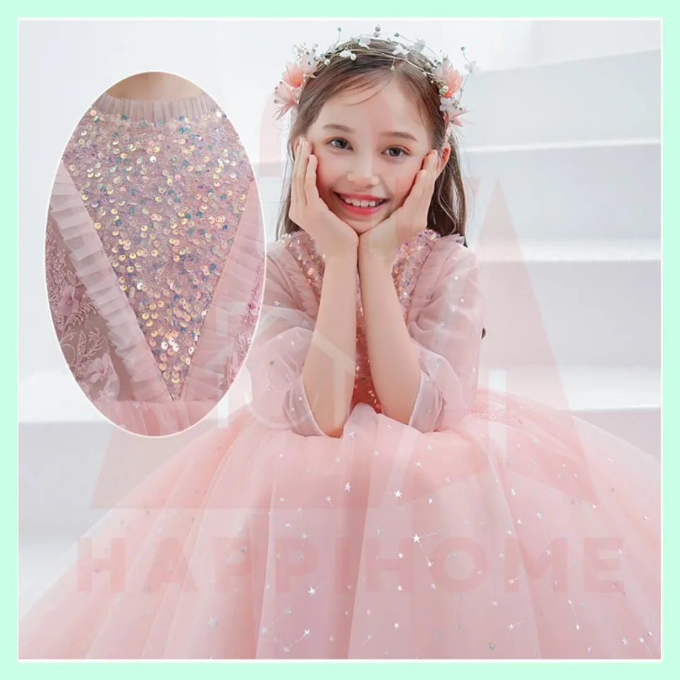 Lace Embroided Muslimah Kids Girl Princess Dress Budak Labuh Lace Long Sleeve Children Fashion Dress Party