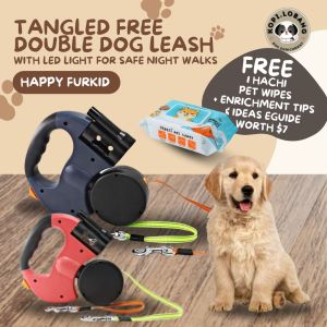 ✅[SG] Double Dog Leash Retractable | Tangle-Free 2 Dogs Walking Leash with LED Light & Waste Bag Dispenser