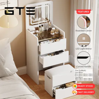 GTE Dressing Table Set With LED Light Makeup Table Mirror Drawer Cabinet Storage Stool Vanity Table Cosmetic Table - Fulfilled by GTE SHOP