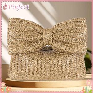 Women Crochet Beach Handbag Zipper Closure with Bow Straw Summer Handbag Female Party Wedding Bag