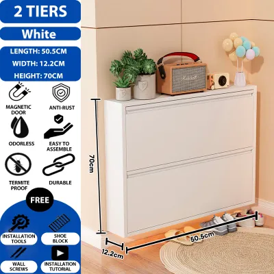 SPACEMADER Large Capacity Metal Shoe Cabinet Flip-top Shoe Rack Slim Modern Shoe Rack Wall Mounted Floor Stand Family Storage Cabinet