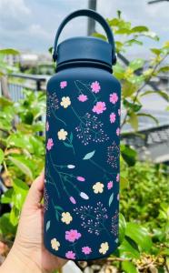 Bình Giữ Nhiệt Hoa Vintage Dung Tích Lớn 1000ML Inox 304 Có Quai Xách Tiện Lợi_Xanh than