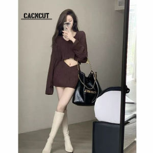 CACNCUT Women Skirt Set Korean Style V-neck Long Sleeve Crop Top+Irregular High Waist Short Skirt 2 Pieces Set Women