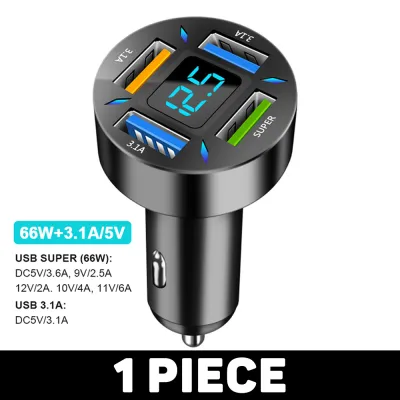 66W sạc điện dùng trên xe hơi 12V/24V sạc nhanh PD QC3.0 4 cổng Bộ chuyển đổi đầu sạc điện thoại cho xe hơi với Vôn kế