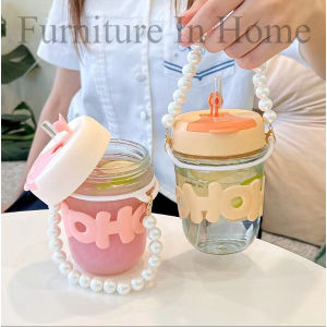 FH.แก้วกาแฟ ใส่น้ำ พร้อมหลอดแก้ว หูหิ้วสร้อยไข่มุก 350 ML.& 400 ML. ปลีก/ส่ง Furniture In Home F993 F509 F929