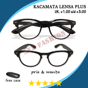 SUNGLASSES PLUS - Kacamata Baca Rabun Dekat +1.00 s/d +3.00 Untuk PRIA WANITA Frame Hitam Lensa Bening Bentuk Oval Frame Ringan Kokoh Gaya Kore Style - FREE HARDCASE