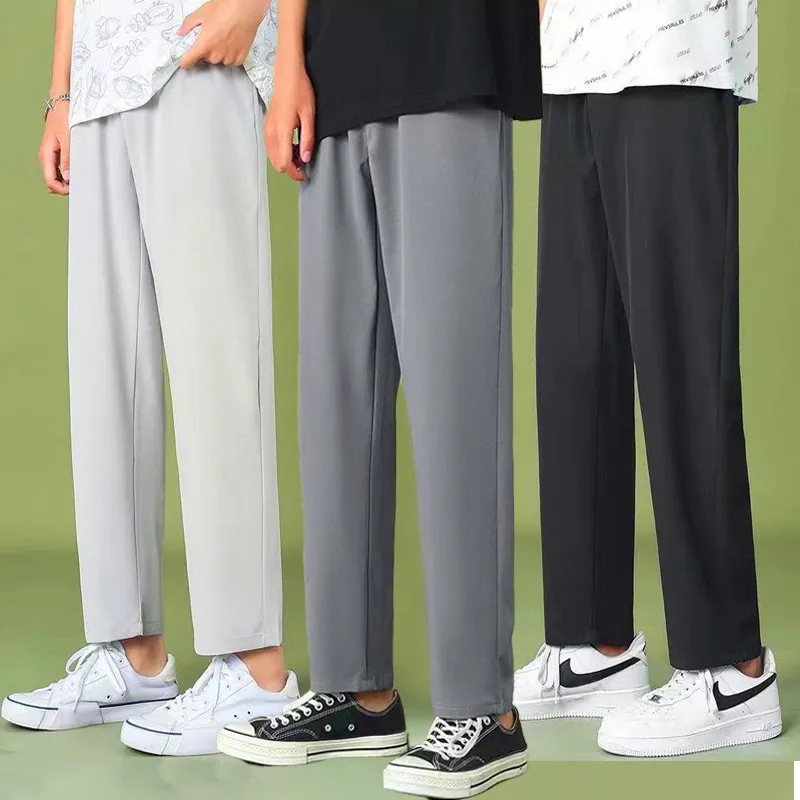 M-5XL Summer Khaki Oversized Korean Style Fashion Loose Straight Ice Silk  Breathable Pants Men