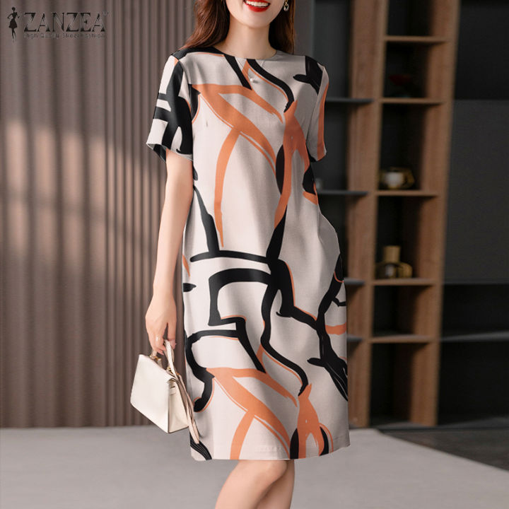 ZANZEA Korean Style Womens Dresses Office Ladies Short Sleeve Sundress ...