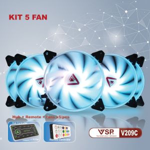 Bộ 5 Fan VSP V209C Led RGB kèm hub và remote chỉnh đèn led cho case cường lực
