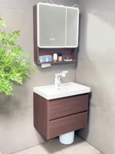 Bathroom Vanity Set Vintage Walnut Honeycomb Aluminum with Integrated Ceramic Basin & LED Inligent Makeup Lamp