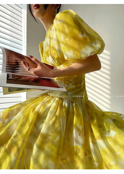 Women Floral Casual Dress round collar short puff sleeve korean  style women MIDI Pleated Lemon Yellow dress Lazada PH