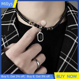 Millys สร้อยคอลูกปัดสีดำพร้อมจี้สี่เหลี่ยมสำหรับผู้ชายเครื่องประดับอินเทรนด์เครื่องประดับตกแต่งของขวัญสำหรับผู้ชาย