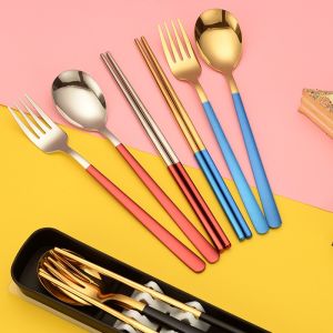 SAVVYLIFE Korean Style 304 Stainless steel Reusable Spoon Fork Chopsticks Portable Travel Set Cutlery Box Dining Cutlery Set