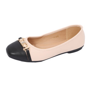 Elegant Women Leather Ballet Flats with Square Toe and Gold Accents
