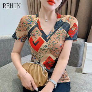 REHIN Womens T-shirt new Summer fashion unique prints V-neck cotton short-sleeved T-shirts All-match bottoming shirt chic tops