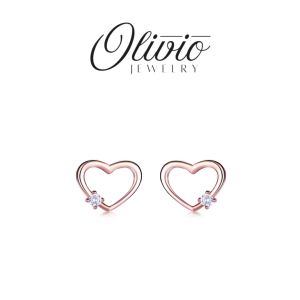 925 Sterling Silver Rose Gold Plated In Heart & Zirconia Stud Earrings