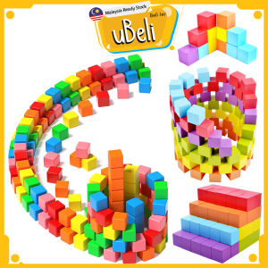 [uBeli] Blok Kiub Wooden 100pcs Colorful Cube Stack Building Blocks Brick Montessori Learning Toy 正方体积木 - BT56