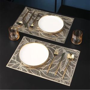 Golden Rectangle Table Mat Dining Tables Leaf Placemat PVC Elegant Placemat Heat-Resistant Table Bowl Mats Decoration