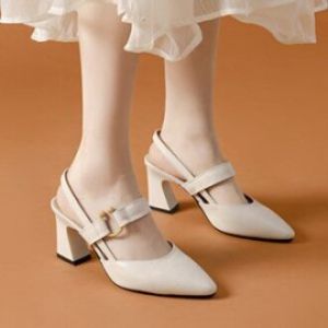 guibai Two layers of leather square head horseshoe thick heeled women high heels