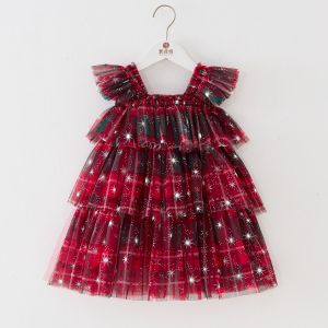 Baby Girls Christmas Tutu Dress Flutter Sleeve Star Mesh Layered Princess Puffy Cake Gown with Bow Hair Clip Infant Party Dress
