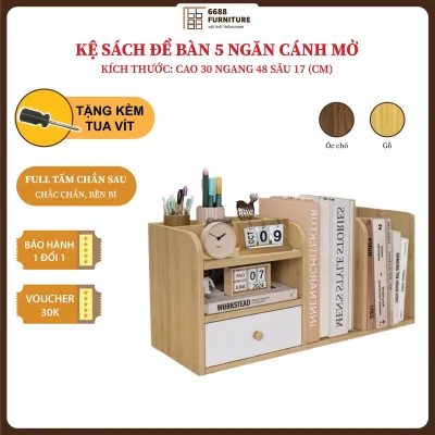 Kệ Sách Để Bàn 5 Ngăn Cánh Mở – Kệ Gỗ Đa Năng Bàn Học Bàn Làm Việc 30x48x17cm – Tặng Tua Vít