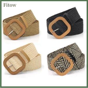 Fitow Summer Women Elastic Woven Belt Square Buckle Vintage Boho Straw Belt Dress Belt