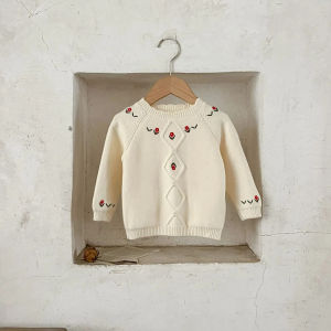SDSXSpring Ins Baby Girls Cotton Sweater Red Floral Embroidery Newborn Girls Pullovers Loose Soft Long Sleeve Infant Girls KnitwearFYK