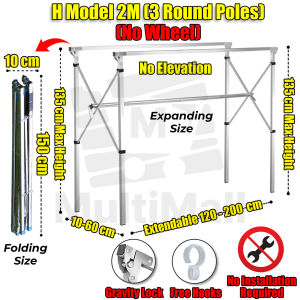 H MODEL - 2M ( 3 POLES NO WHEEL) Stainless Steel Extendable Drying Rack| Foldable Laundry Rack| Drying Rack| Laundry| Laundry Organiser| Drying Rack clothes| Drying clothe Folding| Cloth Laundry Drying Rack Retractable| Space Saving storage