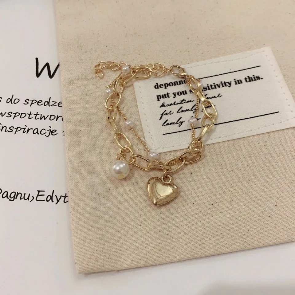 Korean Fashion Heart Bracelets Luxury Retro Gold Color Double Chain  Valentine's Day Gift for Girlfriend Ladies Charm Jewelry - AliExpress