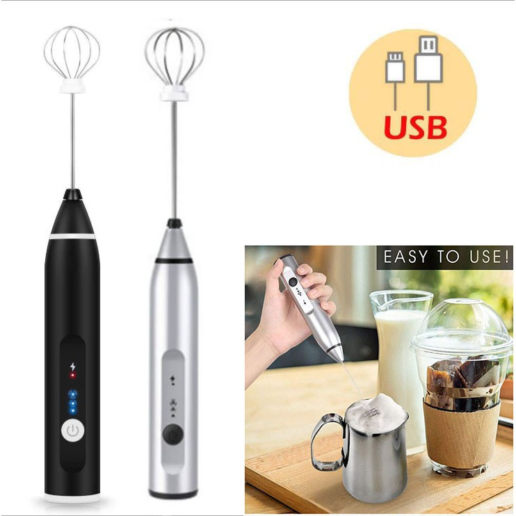 3-Speed Electric Milk Frother USB Rechargeable Handheld Foam Maker with 2 Whisks