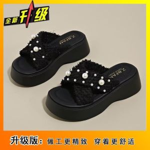 Free Shipping High-End Fashion One-Strap Beach Sandals For Women New Style With A Thick Sole For Added Height Versatile Pearl Sandals Perfect For Summer Outdoor Wear
