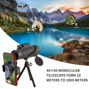 Monocular 40X60 Zoom Optical Lens Telescope HD Night Vision Prism Scope with Compass Phone Clip Tripod (Black)