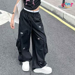 Korean Style Terno Set for Kids Girls 5-12 Years Old Cute Coquette Casual Outfit Ribbon Crop Top + Baggy Pants Set for Girls