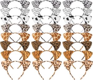 Animal Ears Headband Assortment - Cheetah Zebra Leopard Ears Hairbands for Forest Theme Birthday Cosplay Party Decorations and Supplies (24 Pieces)