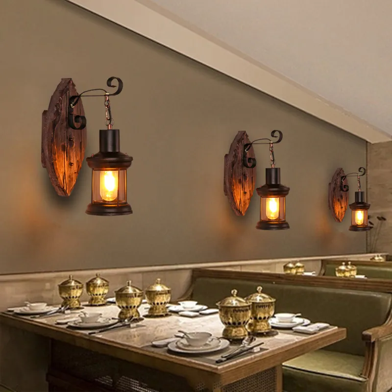 Retro Industrial Style Loft Wall Lamp Solid Wood Wall Decoration