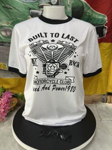 เสื้อยึดกุ๊นแขน แขนสั้นคอกลม สกรีนลาย เสื้อคอกลมกุ๊นคอกุ๊นแขน