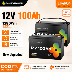 【Ready Stock / 24H Ship】SAMPAGPOWER 2 PCS 12V 100Ah LiFePO4 Lithium Battery REPT Grade A+ Cell 6000+Cycles 1280Wh Lithium Battery Light weight and Compact Low-Temp Protection