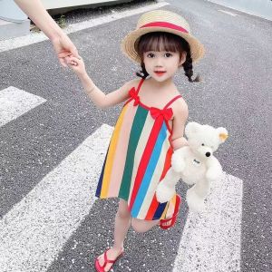 ชุดเดรสเด็กผู้หญิง เสื้อผ้าเด็กผญ การออกแบบแถบสีรุ้งอินเทรนด์ ชุดเดรสเจ้าหญิงสายเดี่ยวสำหรับเด็กผู้หญิง 2387