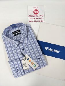 [Việt Tiến ] Sơ Mi Dài Tay - Regular (Suông) - Vạt Bầu - Kẻ caro vuông màu xanh dương nhạt