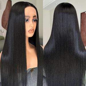 Black Lace Wig Synthetic Long Straight Wig Preplucked Glueless Ready To Wear Wig For Women (1B Black 30 Inch)